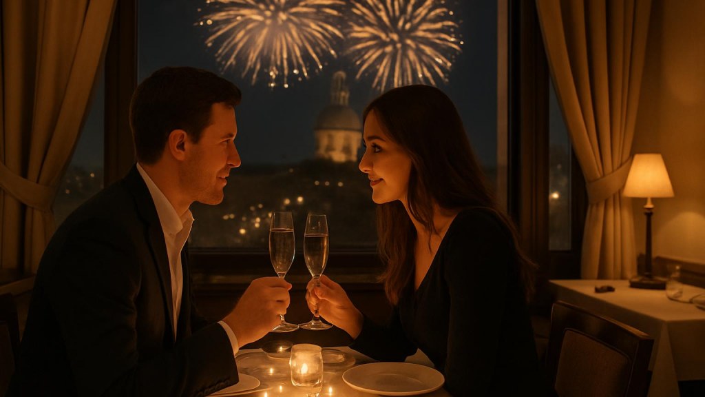 Capodanno romantico a Pavia: hotel, cena e idee per coppie Coppia durante una cena romantica di Capodanno